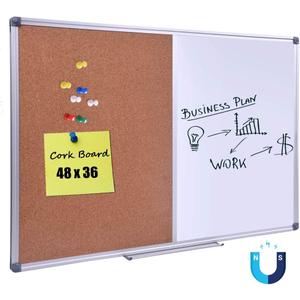 Magnetic Combination Whiteboard & Cork Bulletin Board 48 x 36 Inch - Dual Surface Vision Board for Home Office Organization, Kitchen Meal Planning & School Study - Silver Aluminum Frame