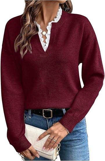 SOLY HUX Women's Long Sleeve Sweater Lace Trim Notched V Neck Knit Pullover Tops Casual Trendy Sweaters
 size L