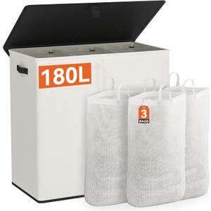 WOWLIVE Laundry Hamper with Lid,180L Large Laundry Basket 3 Section with Removable Washing Bags,Collapsible Waterproof Dirty Clothes Hamper for Laundry Room Bathroom Dorm,Beige