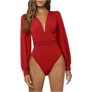 WDIRARA Women's Deep V Neck Ribbed Bodysuit Long Sleeve Skinny Bodycon Basic Bodysuit Tops (Pure Red), X-Small