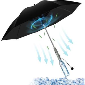 3 in 1 Umbrella with Fan and Mist Spray, 2-Speed Rechargeable Cooling Umbrella with Built-in Fan Mister, Includes Custom Water Bottle, Portable Misting Sun Shade for Theme Park, Beach (Black)