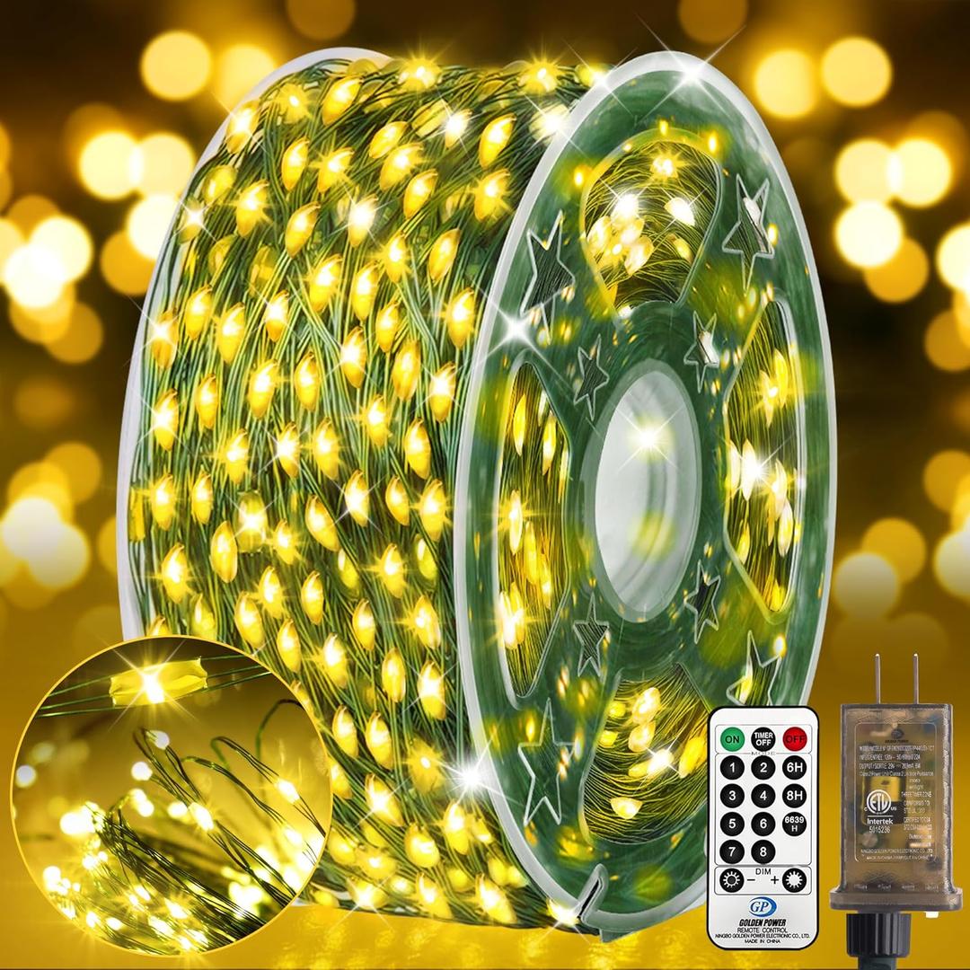 KNONEW 203FT Outdoor Christmas Fairy Lights Plug in,600 LED String Lights Outdoor Waterproof 8 Modes Memory Times for Wedding Bedroom Walls Garden Trees Decoration(Warm White) (203FT 600 LED Green Wire, Warm White)