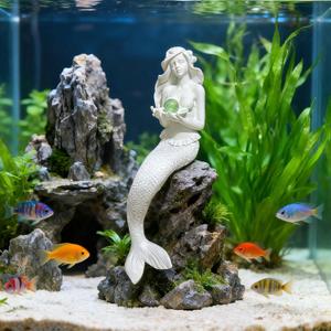 Teaeeno Unique Mermaid Fish Tank Decorations, Mermaid Statue Decor House Ornament Kit, Aquarium Decor, Charming Mermaid Decor Statue, Resin Aquarium Dcor Thematic Ornaments (White)
