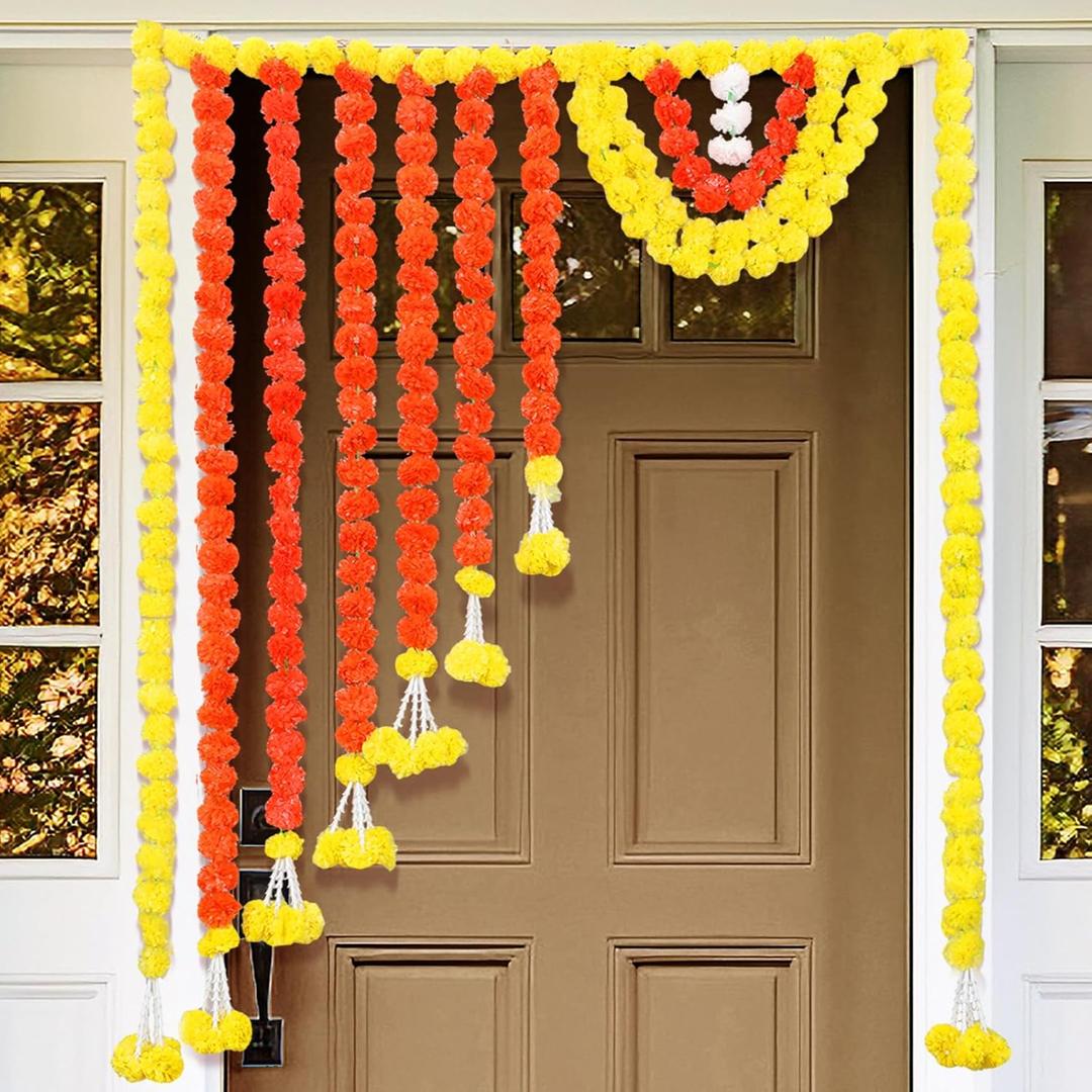 55 Inch Marigold Garland for Diwali Decoration Pooja Decoration Door Toran Set Door Hangings Decor Orange Garland for Diwali Day of The Dead Dia De Los Muertos Mexican Halloween Decor