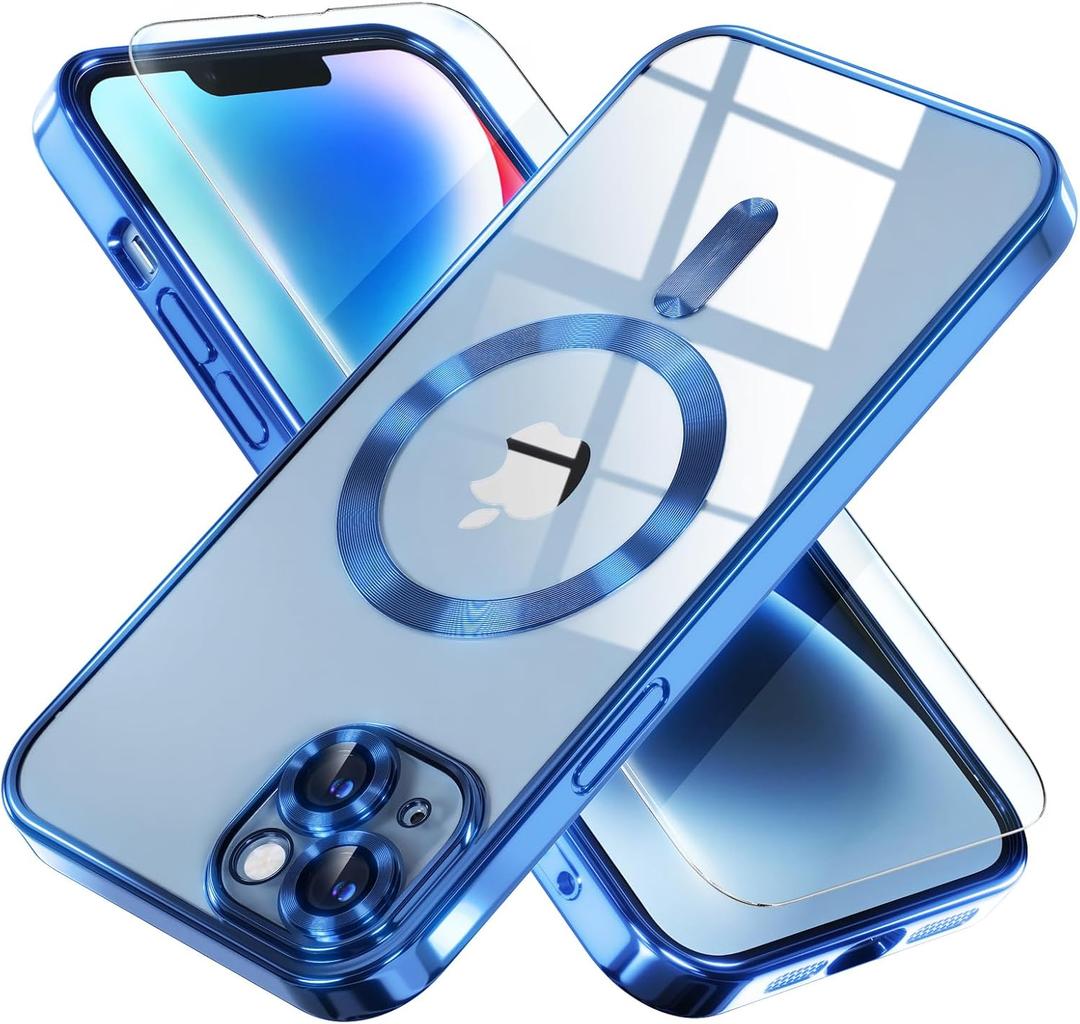 Misea Magnetic for iPhone 14 Plus Case Compatible with MagSafe [Never Yellowing] [Military Grade Drop Protection] Full Camera Lens Protector Plating Soft Clear Phone Case for Women Girls, Blue