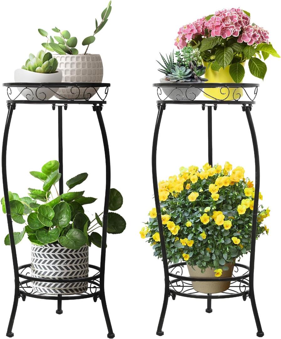2 Pack Plant Stand Indoor Outdoor 2 Tier 27" Tall Metal Potted Holder Rack Flower Pot Stand Heavy Duty Plant Shelf Rustproof Iron Multiple Plant Round Supports Rack for Planter Corner Garden
