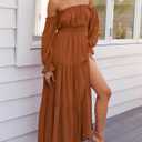 ZESICA Women's Boho Off Shoulder Wedding Guest Dress 2026 Spring Summer Side Split Flowy A Line Long Maxi Dresses (Brown, L)