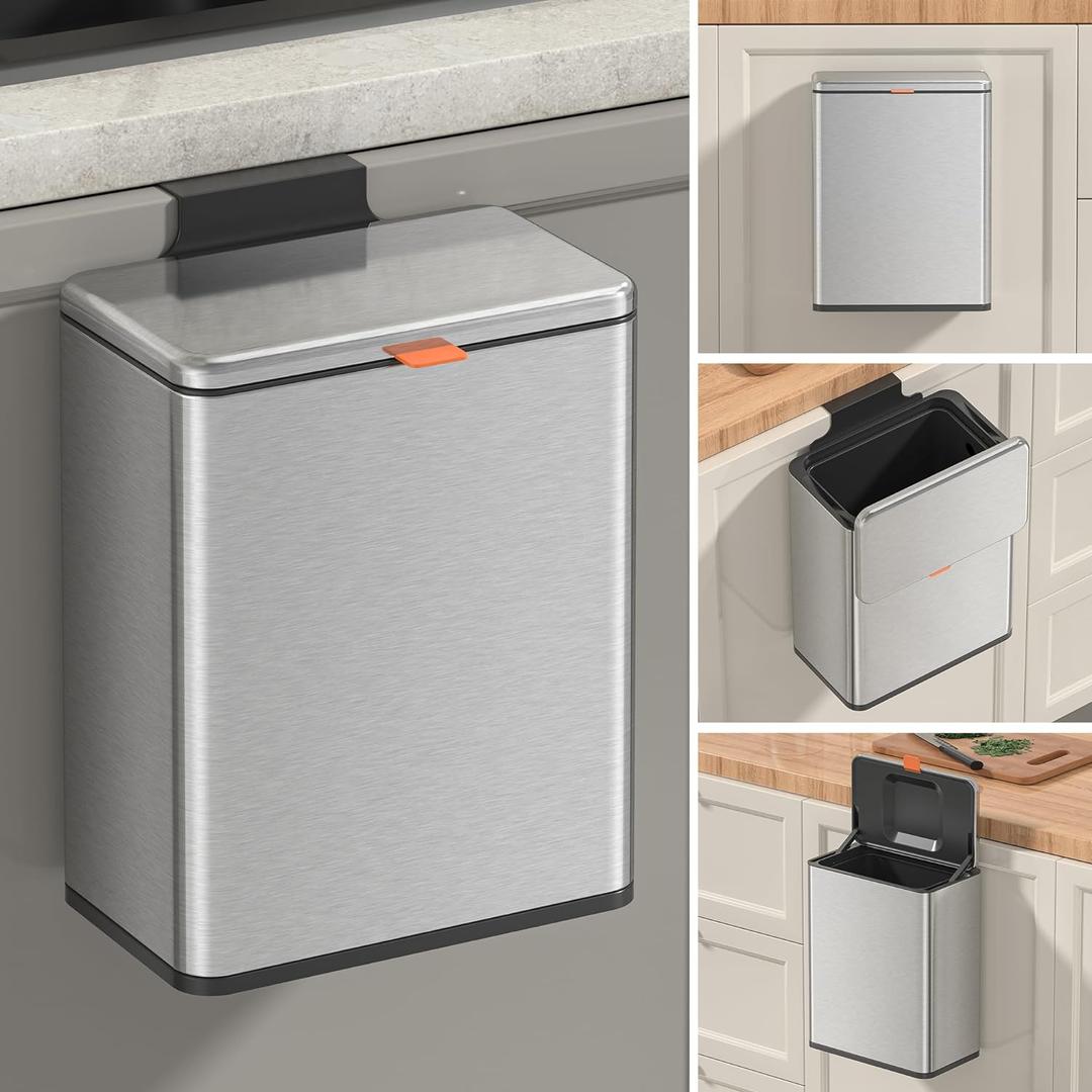 Mbillion Kitchen Compost Bin Hanging Trash Can with Lid 2.1 Gallon Stainless Steel Garbage Can for Kitchen Cabinet Door Mounted Trash Can Under Sink Door RV Bathroom, Silver