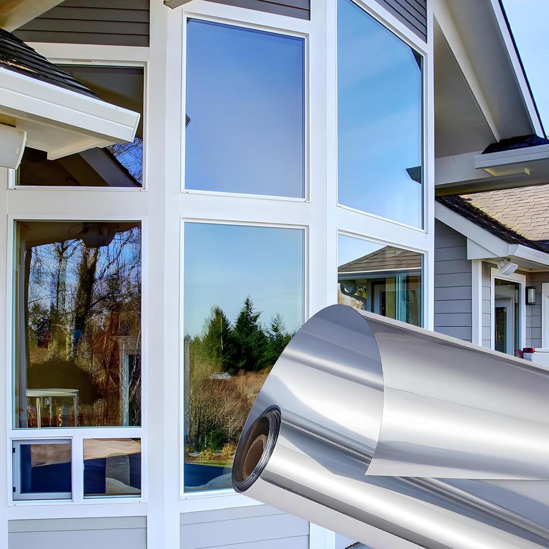 Coavas One Way Window Privacy Film, Reflective Window Tint for Home See Out Not in, Sun Blocking Anti UV Static Cling Glass Windows Door Coverings for Winter, 35.4x78.7 Inch (Silver-silver)