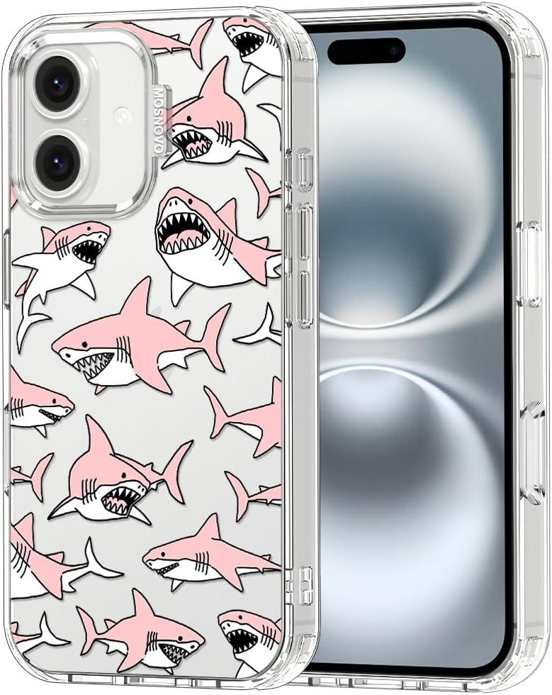 MOSNOVO Case for iPhone 16 Plus, [Buffertech 6.6ft Military-Grade Drop Protection] [Anti Peel Off Tech] Clear TPU Bumper Phone Case Cover Design - Pink Sharks