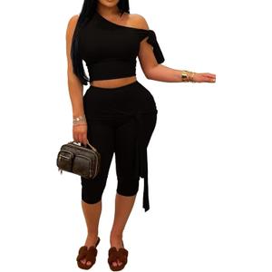 CXXQ Sexy 2 Piece Outfits Off Shoulder Self Tie Crop Tops and Capri Legging Set Tracksuits Clubwear (Medium, Black)