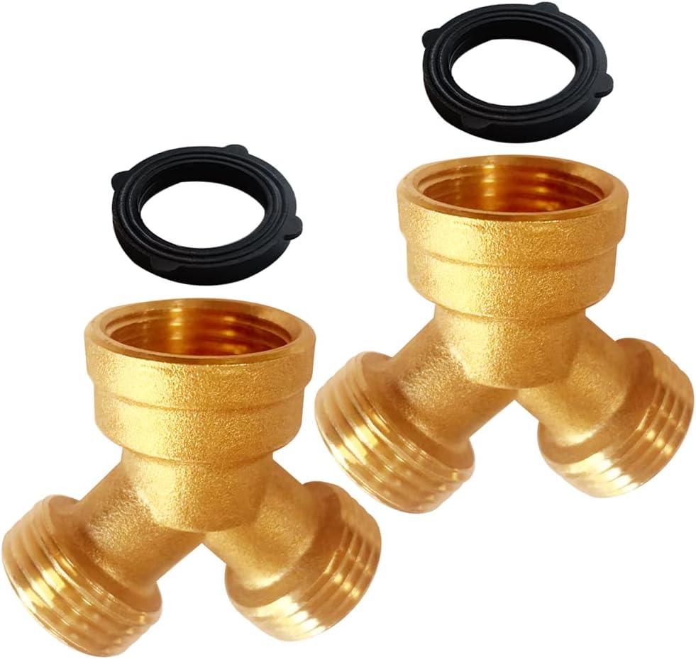 2PCS Garden Hose Splitter Brass 3/4" GHT Thread Heavy Duty 2 Way Y Connector with Washers Garden Hose Adapter for Backyard Water Tap, Outlet, & Spigot