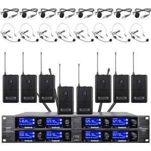 Wireless Microphone System UHF 8 Channel Lavalier Mic Bodypacks Lapel Mic 8 Headsets for Karaoke System Church Speaking Conference Meeting Classroom Wedding Party Meeting School