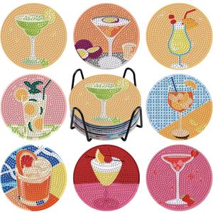 GHHKUD 8 Pcs Cocktail Diamond Art Coasters with Holder Cork Pad, DIY Diamond Painting Dink Coasters Kits for Adults, Table Decoration Gifts for Home