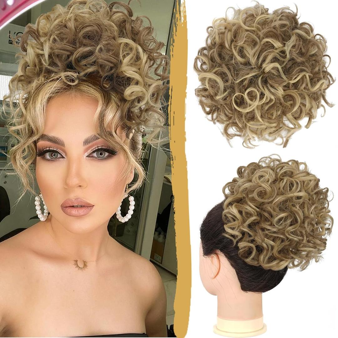 PEACOCO Messy Bun Short Curly Ponytail Extension Elastic Drawstring Loose Hair Bun for Women with Thinning Hair High Temperature Synthetic Fiber Hair Bun 80g, Light Ash Blonde Mixed Bleach Blonde