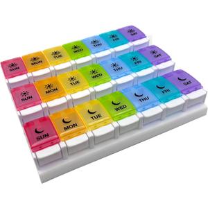 EZY DOSE Weekly (7-Day) Pill Case, Medicine Planner, Vitamin Organizer Box, Daily Planner, Push Button Compartments, Convenient and Easy to Use, 3 Times a Day, Rainbow Lids, BPA Free