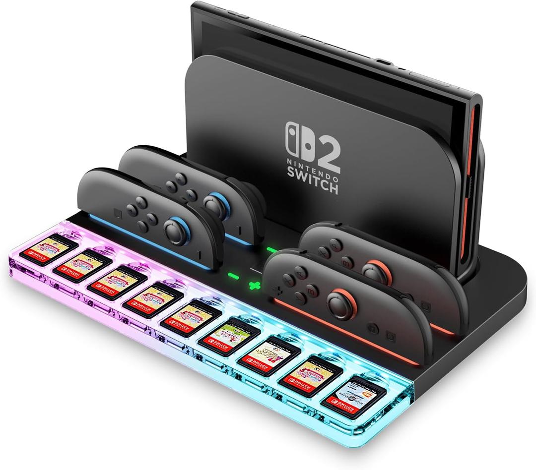 i-Blason Charging Dock Storage Base for Nintendo Switch 2 JoyCon Controllers [9 Game Card Slots] [Ambient Lighting] All-in-one Charging Station Storage Stand Organizer with USB Charging Cable (Black)