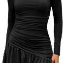 HYPERFIRE Women's Long Sleeve Square Neck Dress Ruched Waist Ruffle Dresses Party Clubwear (Black, S)