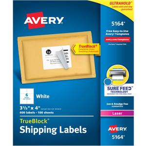 Avery Printable Shipping Labels with Sure Feed, 3-1/3" x 4", White, 600 Blank Mailing Labels for Laser Printers (5164)