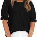 KIRUNDO Lace Tops for Women Trendy 2026 Eyelet Floral Summer Clothes Short Puff Sleeve Spring Blouse Cruise Vacation Outfits (Black, L)