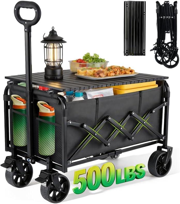 500LBS Collapsible Folding Wagon Carts with Table - 230L Large Foldable Collapsible Portable Wagon Cart with Breaks, Heavy Duty & All-Terrain Swivel Wheels for Camping Shopping Garden & Fish