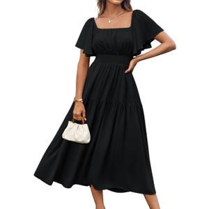 GRACE KARIN Women's Summer Short Sleeve Square Neck Smocked Waist Casual Vacation Tiered Flowy Maxi Dress (XX-Large, Black)