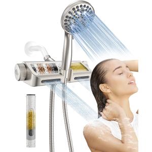 MakeFit Filtered Shower Head with Handheld Combo Brushed Nickel - Dual 2-in-1 Spa System with Massage Shower Head and 10 Modes Hand Held Showerhead, High Pressure, Buit in Power Wash Mode