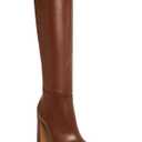 Coutgo Women's Chunky Heeled Knee High Boots Classic Square Toe Zippered Leather Tall Boot, Dark Brown, Size 9.5
