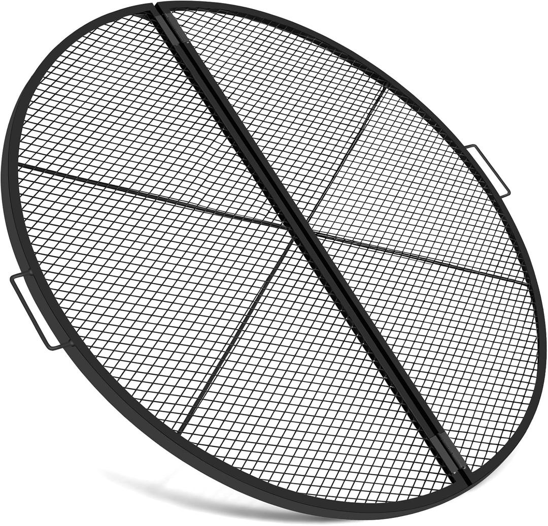 40 Inch X-Marks Fire Pit Grill Grate Round Foldable Fire Pit Cooking Grate Heavy Duty Steel Campfire BBQ Grill Grid with Handles for Outdoor Camping Cooking, Black