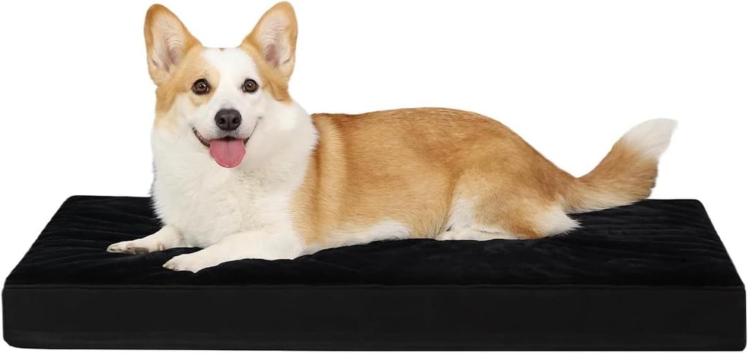 KSIIA Orthopedic Dog Bed Crate Waterproof Pet Mats for Large Dogs Deluxe Plush Washable Pet Bed with Egg Crate Foam & Removable Cover, 35 x 22 Inch, Black