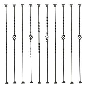 1/2 inch Wrought Iron Balusters 1/2" x 44" Hollow Single Basket Black Iron Spindles Double Twist Square Metal Balusters Stair Satin Black Railing with Adjustable Iron Baluster Swivel Shoes Set of 10