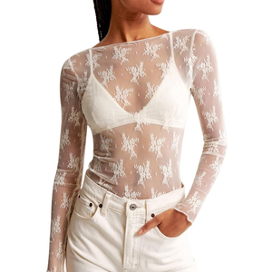 KTILG Womens Lace Long Sleeve Boat Neck Tops Embroidery Sheer Blouse Sexy See Through Shirt Mesh Top , S