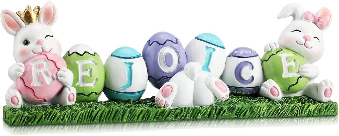 Yookeer Easter Decorations Bunny Rejoice Table Centerpieces Colorful Easter Eggs Bunny Tabletop Decorations Inspirational Spring Rabbit Figurines for Home Living Room Bedroom Holiday Decor