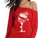 Women's Sexy Off Shoulder Christmas Print T-Shirt Long Sleeve Holiday Merry Xmas Tunic Tops (Red, XXL)