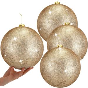 Zubebe 4 Pcs Extra Large Christmas Ball Ornaments Glitter 8'' (200 Mm) Giant Oversized Plastic Xmas Ball Big Hanging Christmas Tree Ornaments for Holiday Party Outdoor Decor(Glitter Champagne Gold)