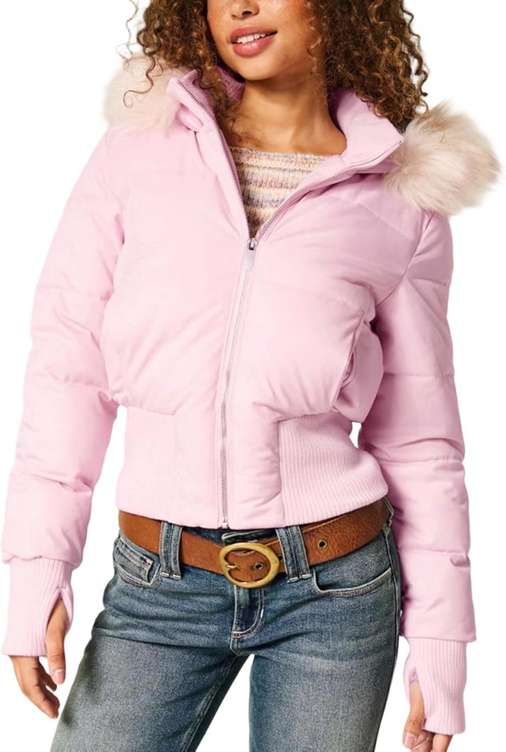 Womens Faux Fur Trim Hooded Jacket Winter Warm Quilted Puffer Bomber Padded Coat Utility Zipper Cropped Outwear (Small, Pink)
