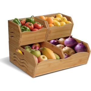 3 Pieces Bamboo Pantry Storage Bins, Stackable Pantry Baskets with Handle, Kitchen Potato and Onion Storage Bin, 2 Tiers Pantry Organizer for Produce, Fruits, Vegetable
