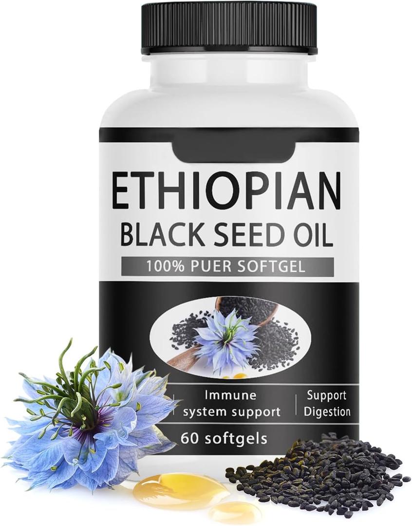 Ethiopian Black Seed Oil Capsules 4.64% Thymoquinone Purely Nutrient Organic Cold Pressed Black Cumin Seed Oil Softgels, Non-GMO, Gluten-Free, 60 Softgels