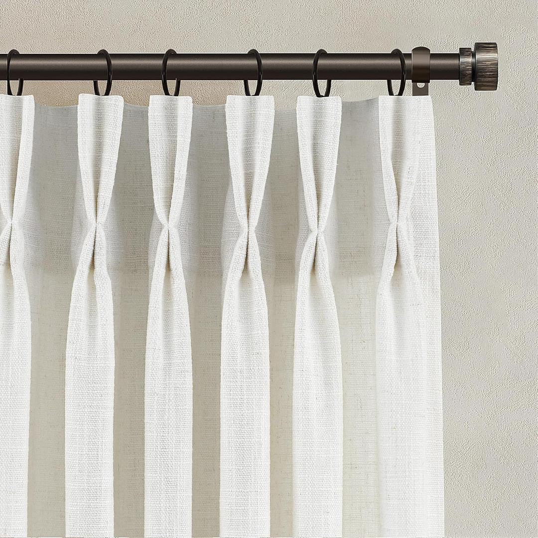 Pinch Pleated Linen Curtains 90 Inches Long for Living Dining Room Bedroom 2 Panel Set Beige White Cream Pinch Pleat Curtain 90 Inch Neutral Boho Floor to Ceiling Curtains Semi Sheer Linen Drapes