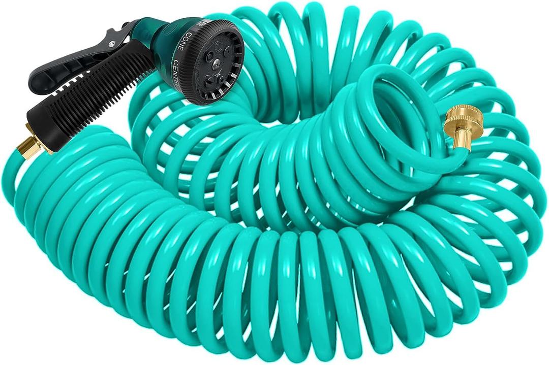 Coil Hose 50FT EVA Coil Garden Hose With 3/4'' Brass Connector Coiled Water Hose Lightweight And No Kink Includes 7 Patterns Spray Nozzle For Outdoors Lawn Watering Car Washing (Blue)