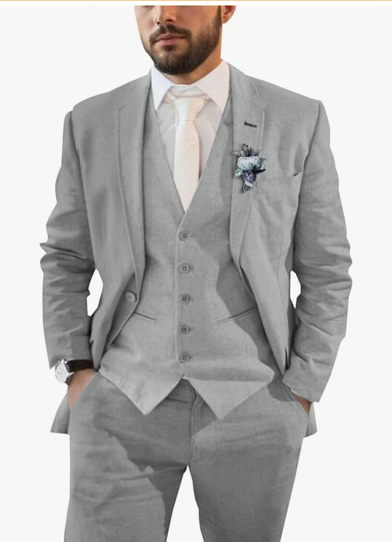 Mens Suit for Wedding 3 Pieces Linen Suits for Men Summer Beach Wedding Mens Slim Fit Suit for Groom Size XXL