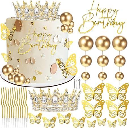 Crown Cake Topper, Balls Happy Birthday Cake Topper Gold Crown Birthday Candles Gold Butterflies, Corona Para Pastel, Cake Decorations for Birthday Wedding (Gold, White) Crown Cake Topper, Balls Happy Birthday Cake Topper Gold Crown Birthday Candles Gold Butterflies, Corona Para Pastel, Cake Decorations for Birthday Wedding (Gold, White)