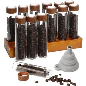 12 Pcs Single Dose Coffee Bean Storage Tubes, Coffee Bean Container for Espresso with One-Way Valve, Espresso Storage kit with Walnut Stand, Collapsible Silicone Funnel & Labels