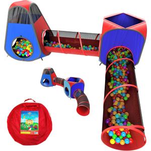 Playz 4pc Pop Up Play Tent and Tunnel Bundle for Toddlers and Kids - Indoor & Outdoor Playhouse with Storage Bag, Red & Blue