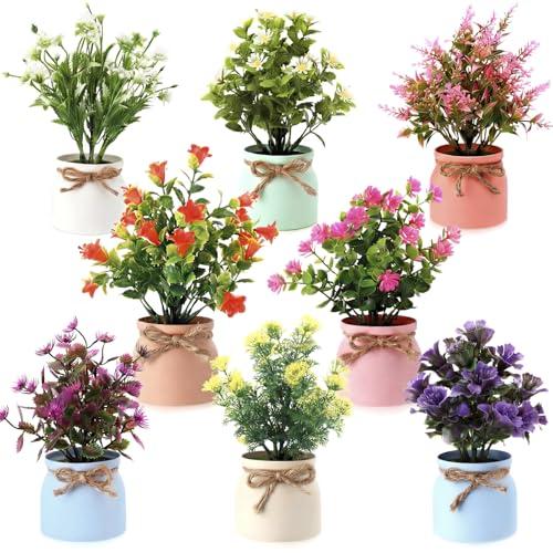 Zeyune Large Spring Artificial Flowers Potted Centerpieces Desktop Fake Floral Plants in Macaron Pot Greenery for Office Table Home Indoor Bathroom Office Wedding Bridal Decor (8 Pcs,Classic)