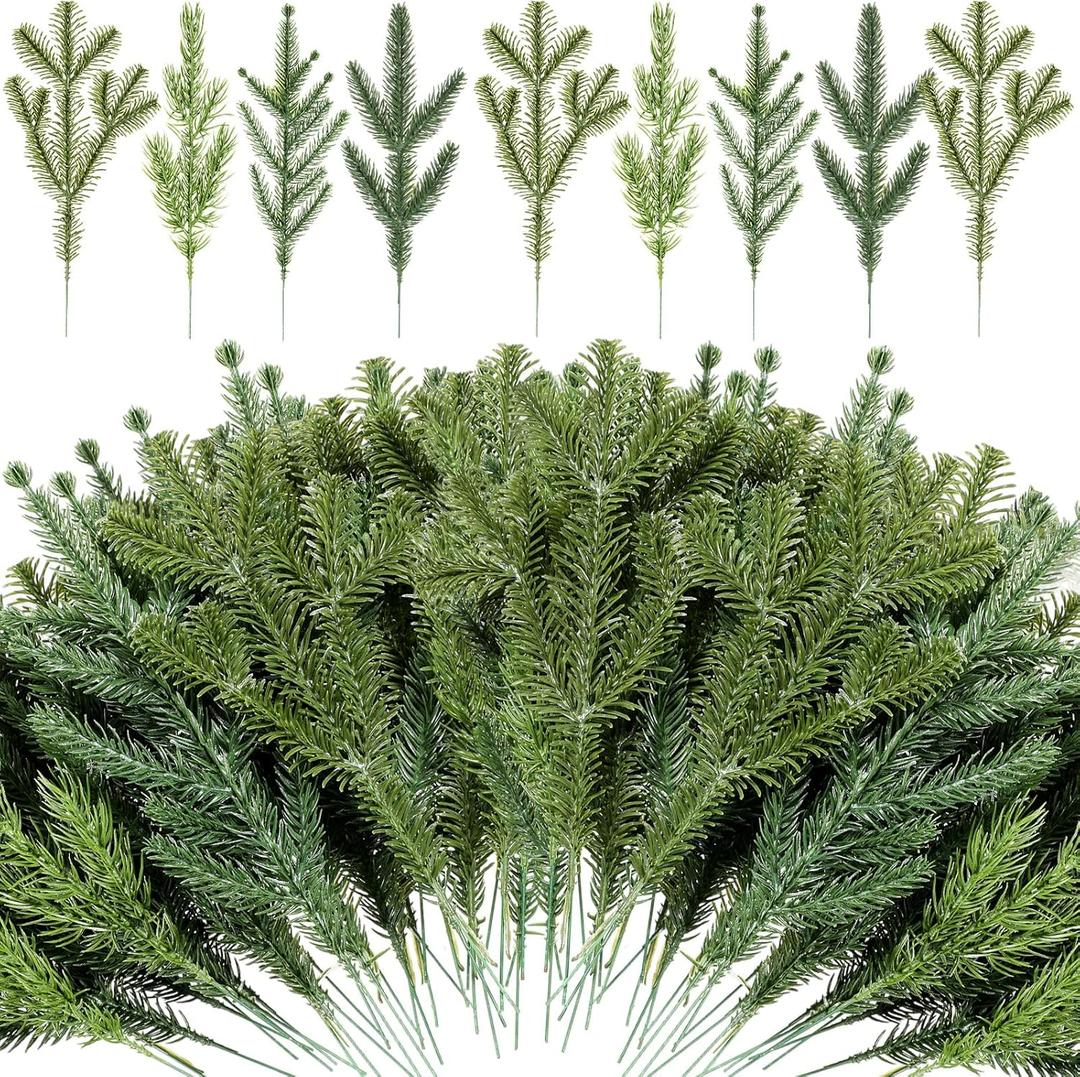 Yunlly 80 Pcs Christmas Artificial Pine Needle Branches 4 Styles Garland Greenery Plant Winter Fake Stems Xmas Tree Picks for DIY Wreath Centerpiece Vast Home Winter Wedding Party Decoration(Classic)