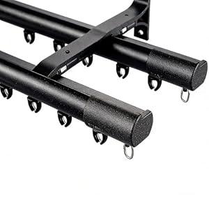 Double Curtain Rod Set for Windows, Heavy Duty Dual Track System with Aluminum Brackets, Decorative Black Curtain Rail for Room Divider, Bedroom & Living Room Drapes (Black, 86")