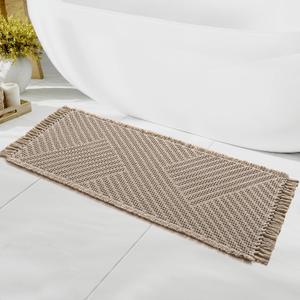 H.VERSAILTEX Waffle Bath Runner Rug Long Bath Mat Super Absorbent Boho Bath Rugs Non Slip Bath Runner for Bathroom Floor Machine Washable Dry Fast Bathroom Rugs with Tassels, 24" x 60", Irish Cream