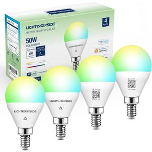 Matter E12 Smart Light Bulbs 50W Equivalent, Compatible with Alexa/Siri/Apple Home/Google Home/SmartThings, RGBCW G16.5 LED Candelabra Bulbs, 2.4G WiFi, ETL Listed, Hub Required, 4PCS