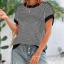 PRETTYGARDEN Womens Short Sleeve Sweater Spring Summer 2026 Round Neck Striped Pullover Cap Sleeve Knit Sweater Vest Tops (Black, S)